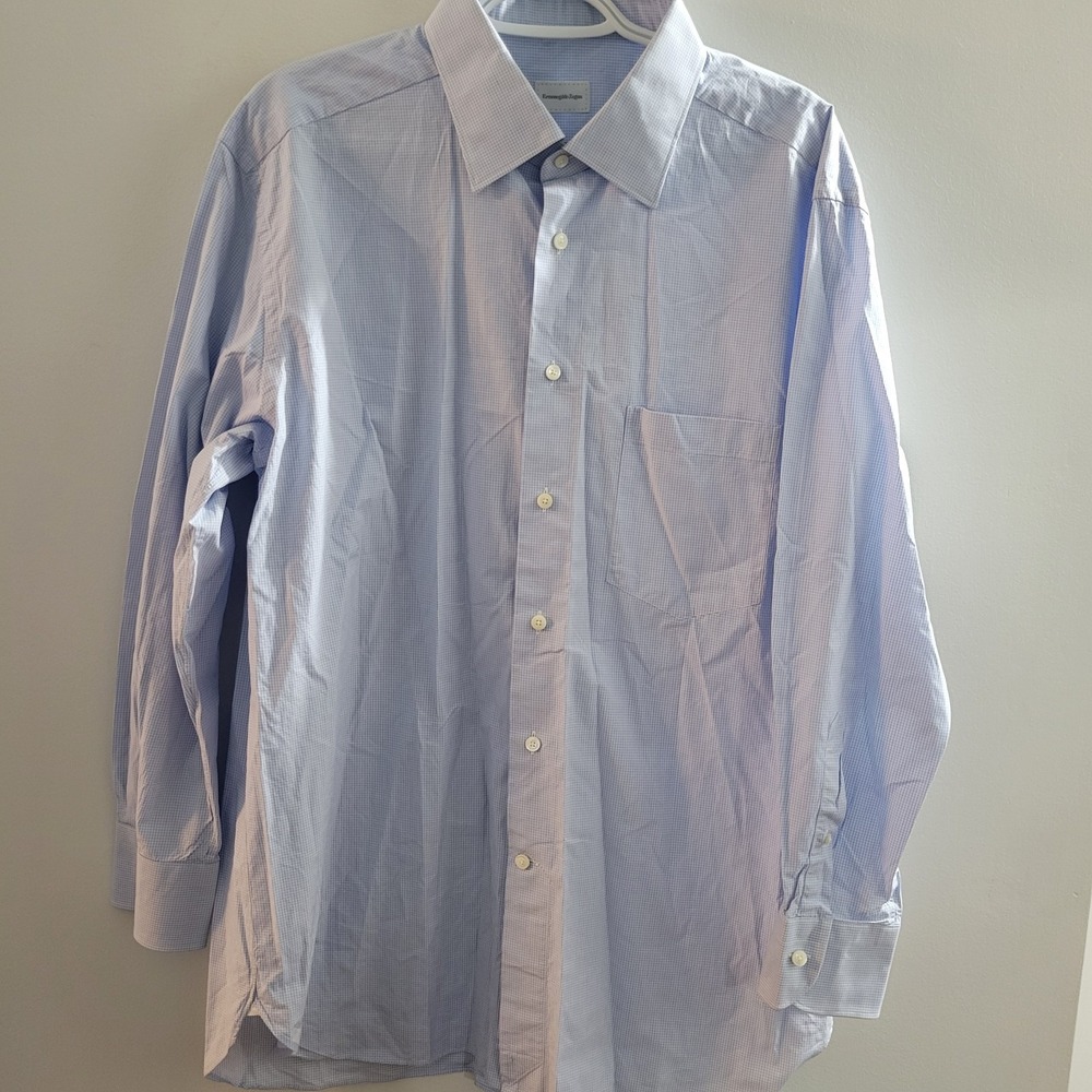 Ermenegildo Zegna Dress Shirt 17.5 44 Regular Fit Light Blue White Micro Plaid